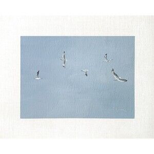 8x10 Original Oil Painting Sea Birds Seagulls Minimalist Coastal Sky Art Signed